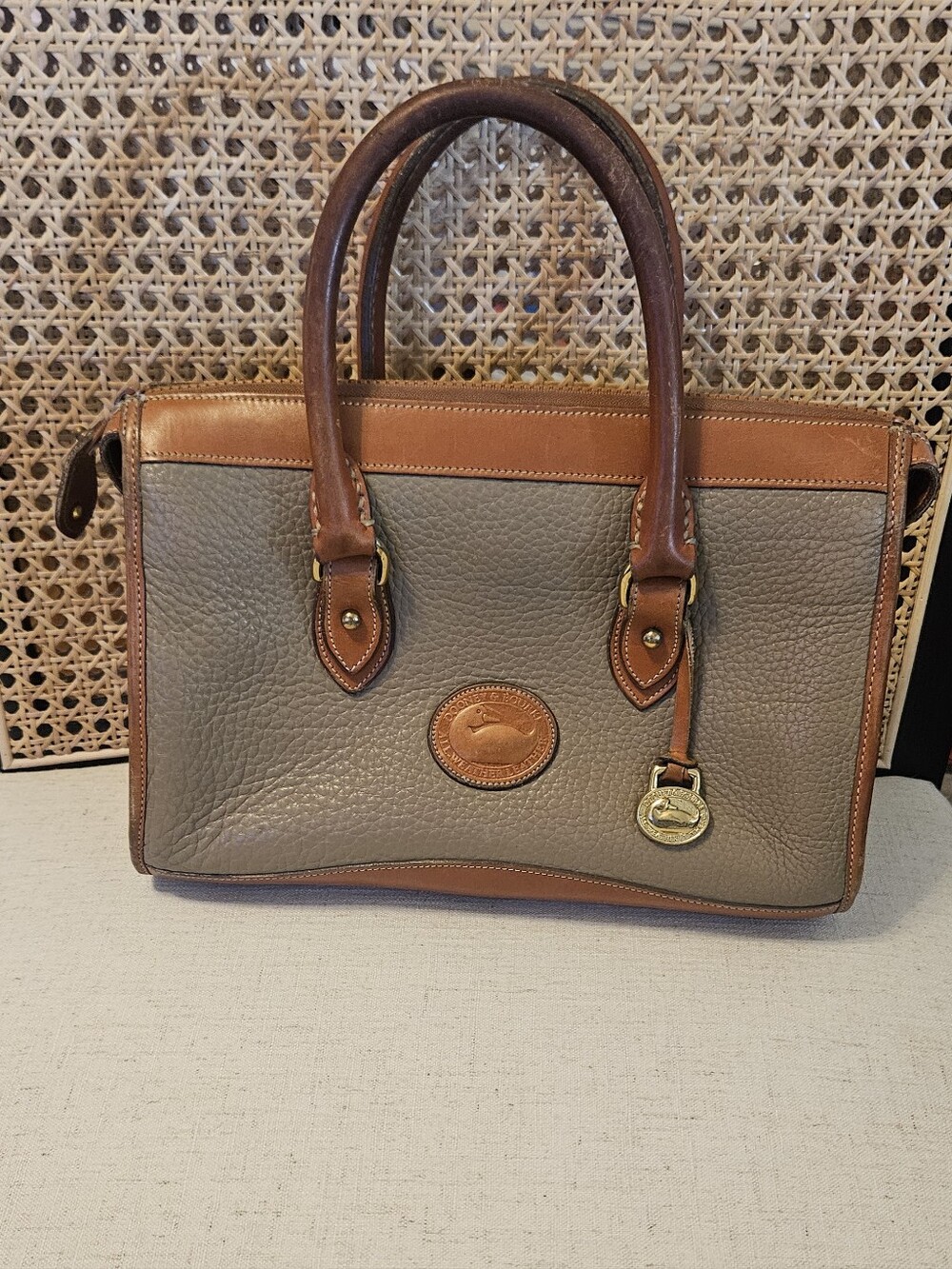 Dooney & Bourke Pebble Grain Taupe Leather Satchel with Tan Trim